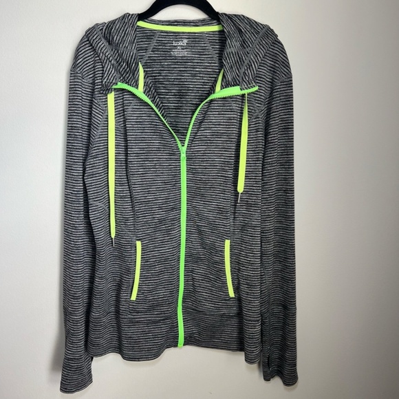Lukka Womens Hooded Athletic Jacket Gray Black Stripe Neon Zip Thumb Holes Sz XL - Picture 9 of 15